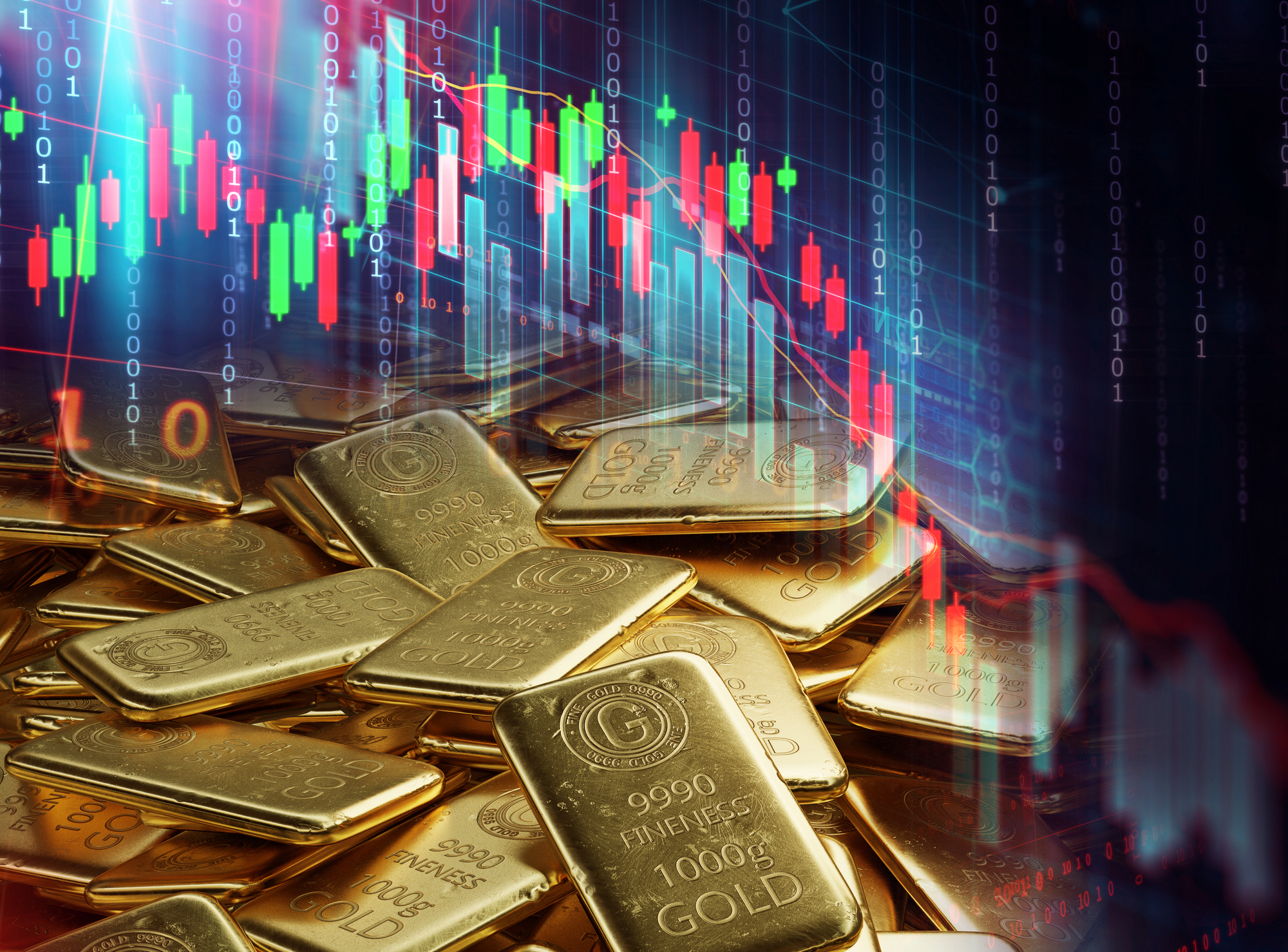 Gold bars displayed prominently against a backdrop of a stock market chart, symbolizing wealth and investment trends.