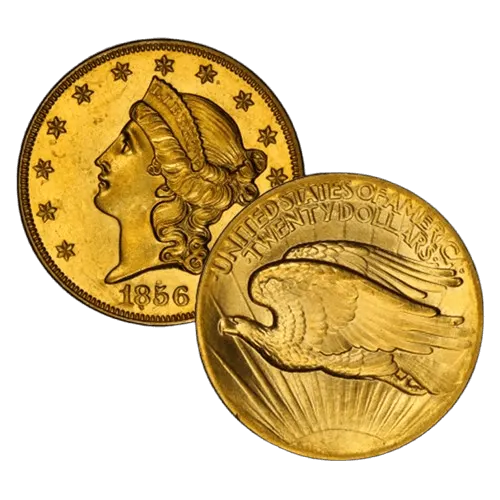 Close-up image of two vintage gold U.S. coins: an 1856 Liberty Head coin and a twenty-dollar coin featuring a flying eagle design