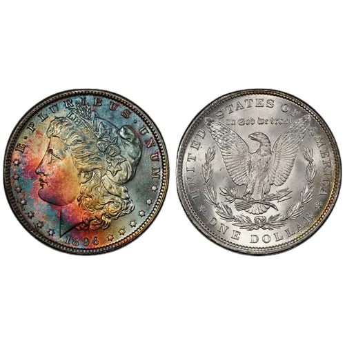 Colorful, vintage 1896 Morgan silver dollar coin with a detailed eagle and Lady Liberty design, featuring unique rainbow toning