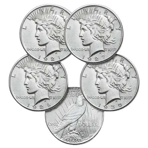 Stack of five circulated Peace Silver Dollar coins from various years, featuring Lady Liberty on front and eagle design on reverse.